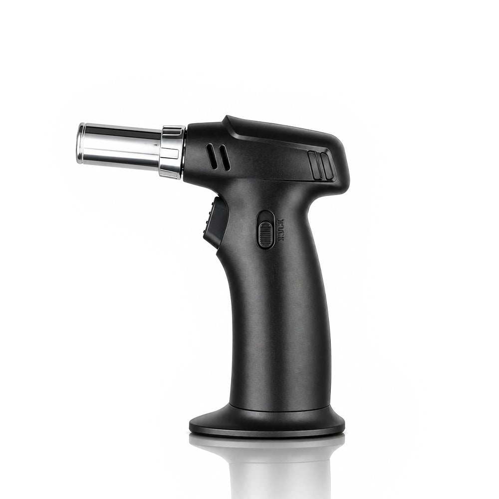 Black butane torch lighter with chrome nozzle collar, opposite side view | Bong Warehouse