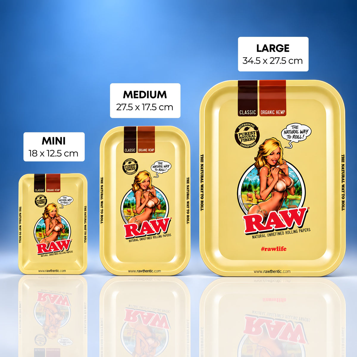 RAW Girl metal rolling tray shown in Mini, Medium and Large sizes side by side | Bong Warehouse