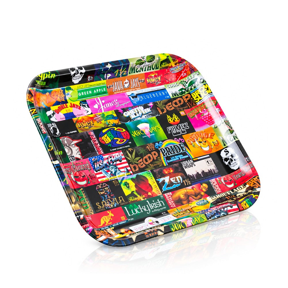RAW History large metal rolling tray featuring a collage of vintage rolling paper packs, angled view | Bong Warehouse