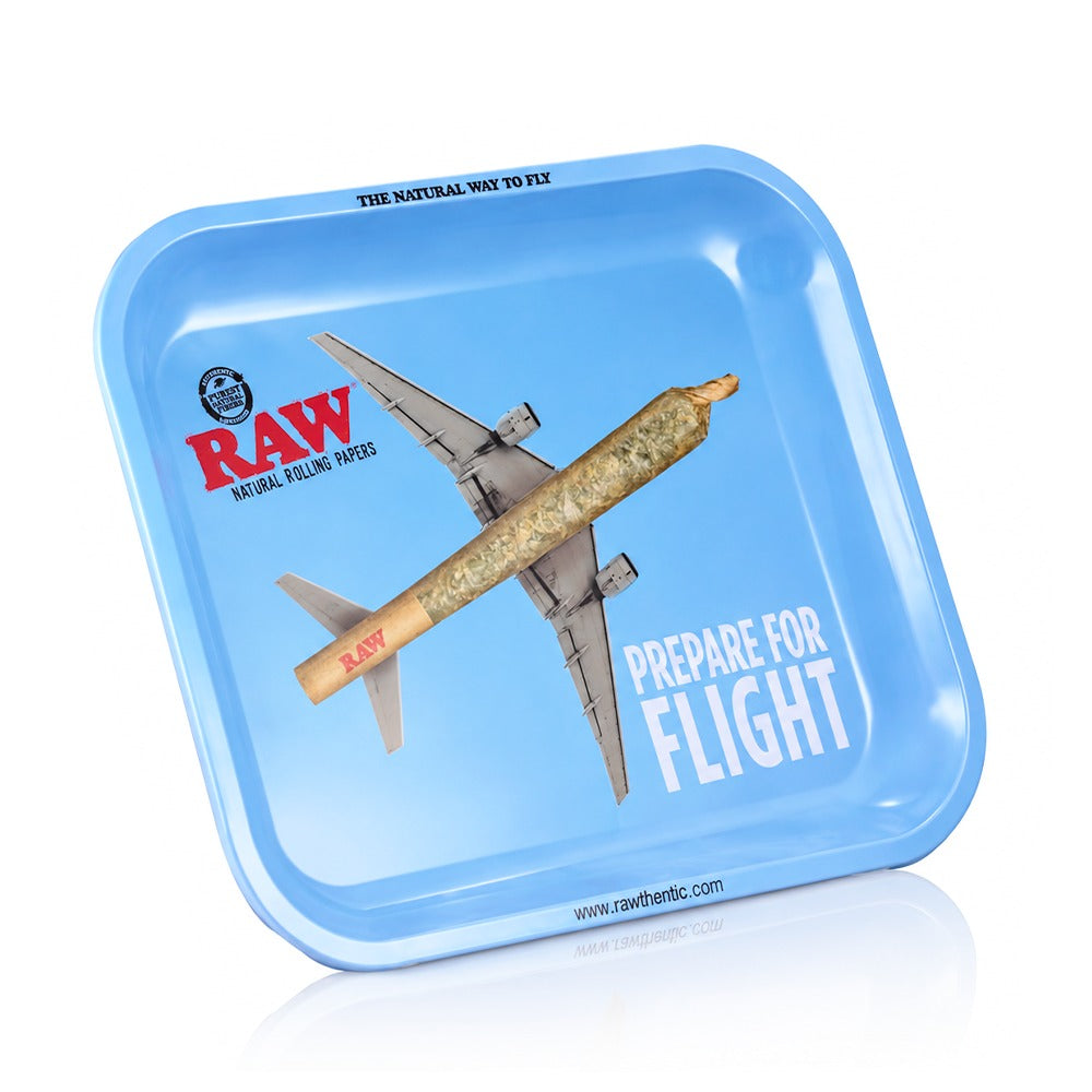 RAW Prepare For Flight large metal rolling tray with blue aeroplane design, angled view | Bong Warehouse