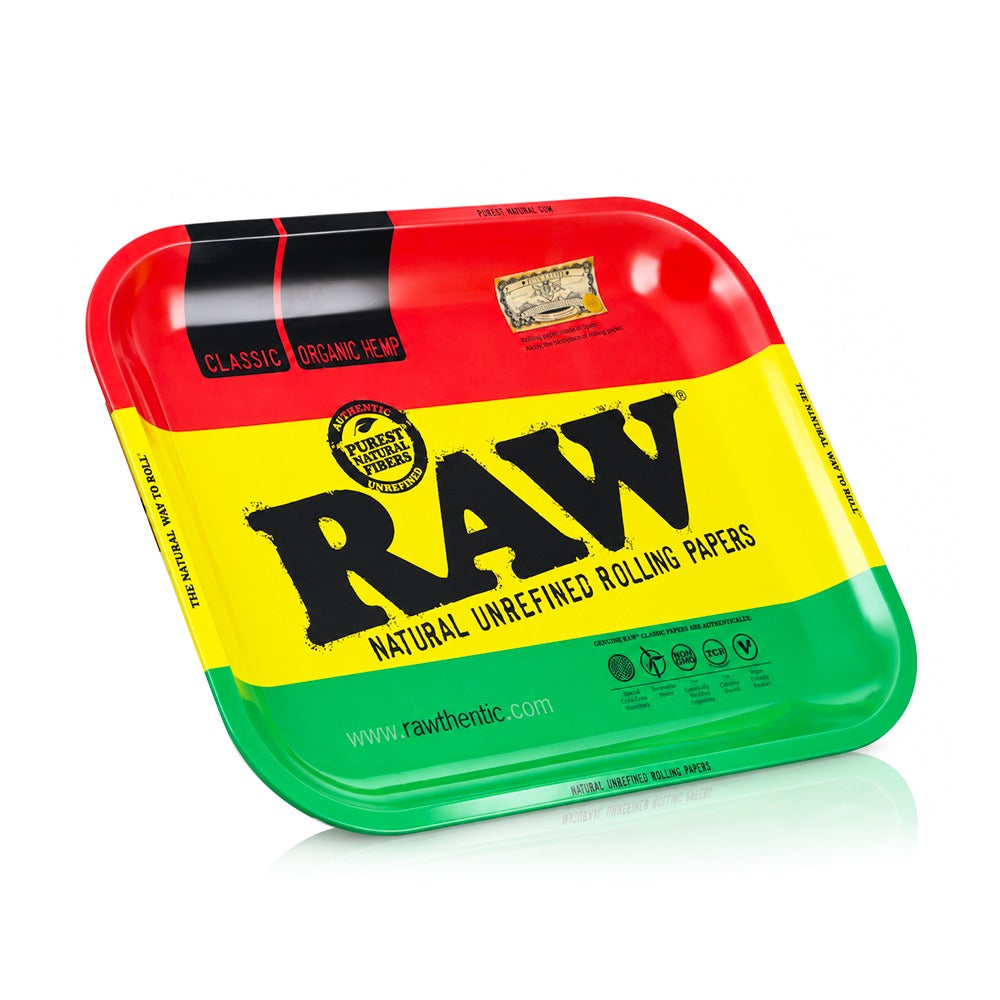 RAW Rasta large metal rolling tray, angled view showing the raised rim | Bong Warehouse