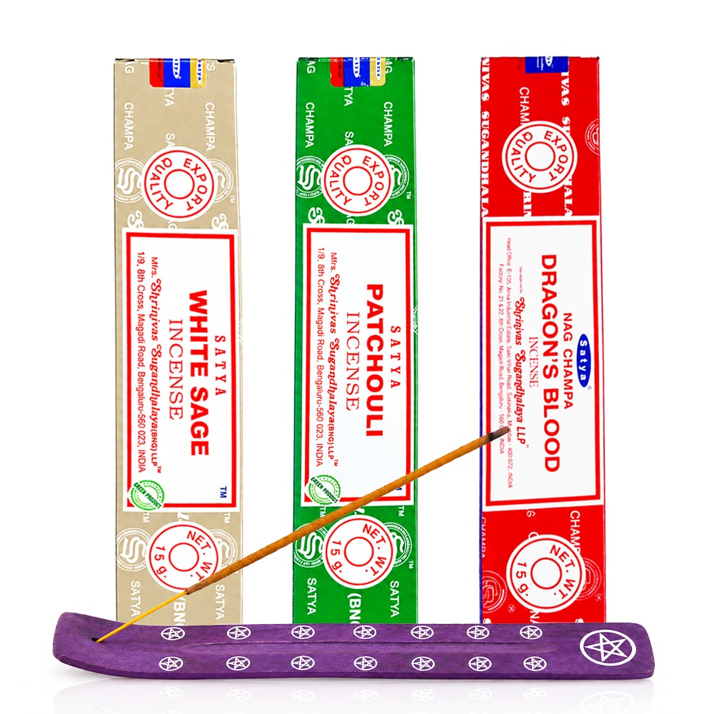 Satya incense gift pack Dark Arts with Dragons Blood, Patchouli and White Sage 15g boxes and a purple pentagram wooden holder, front view | Bong Warehouse