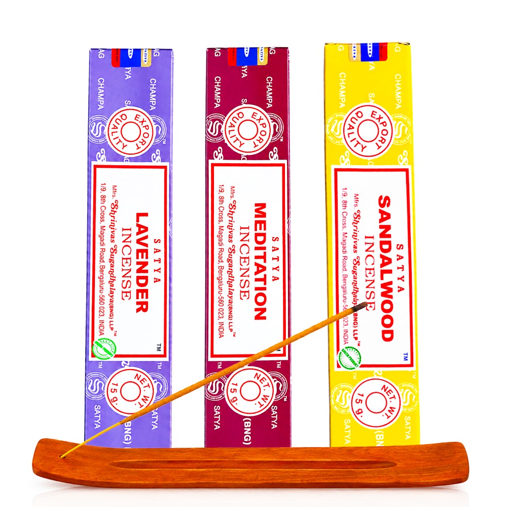Satya incense gift pack Wind Down with Lavender, Meditation and Sandalwood 15g boxes and a light wood holder, front view | Bong Warehouse