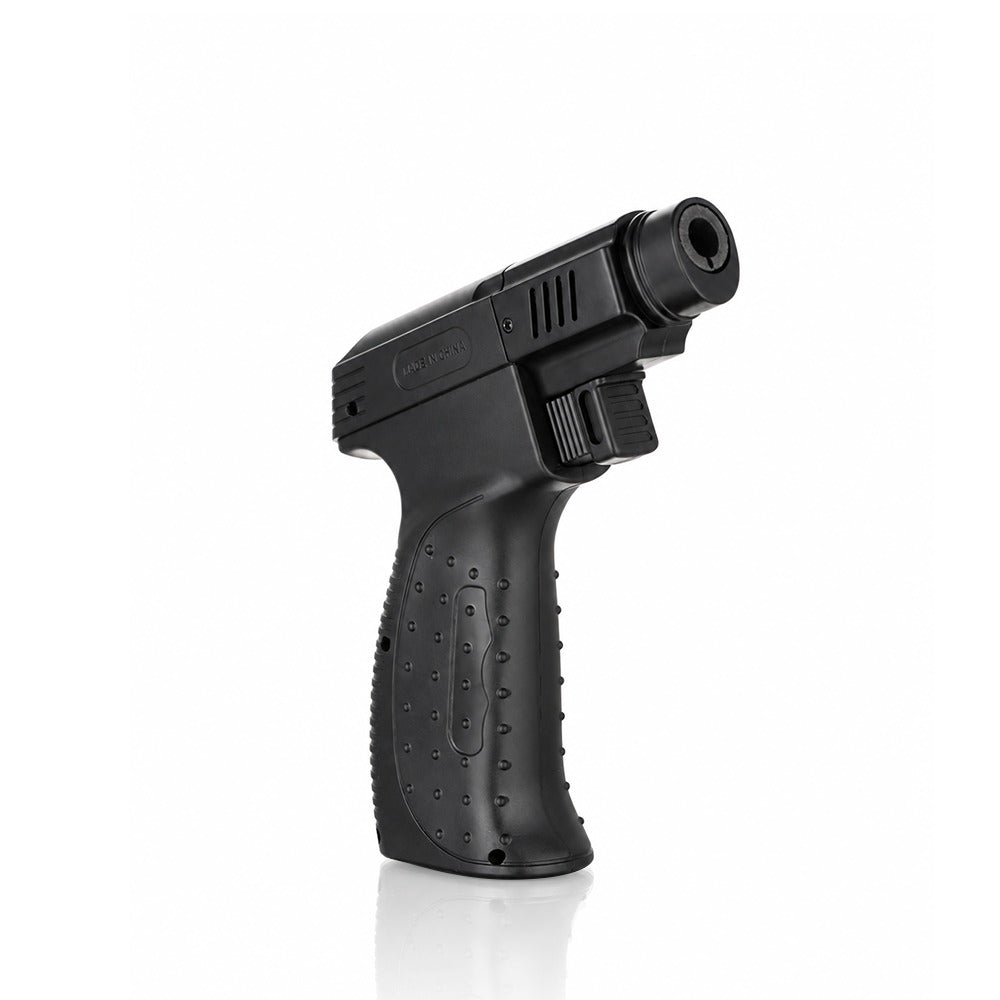 Angled view into the single jet nozzle of a black windproof torch lighter | Bong Warehouse
