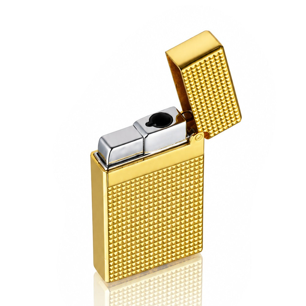 Gold textured metal refillable cigarette lighter with lid open, angled view | Bong Warehouse