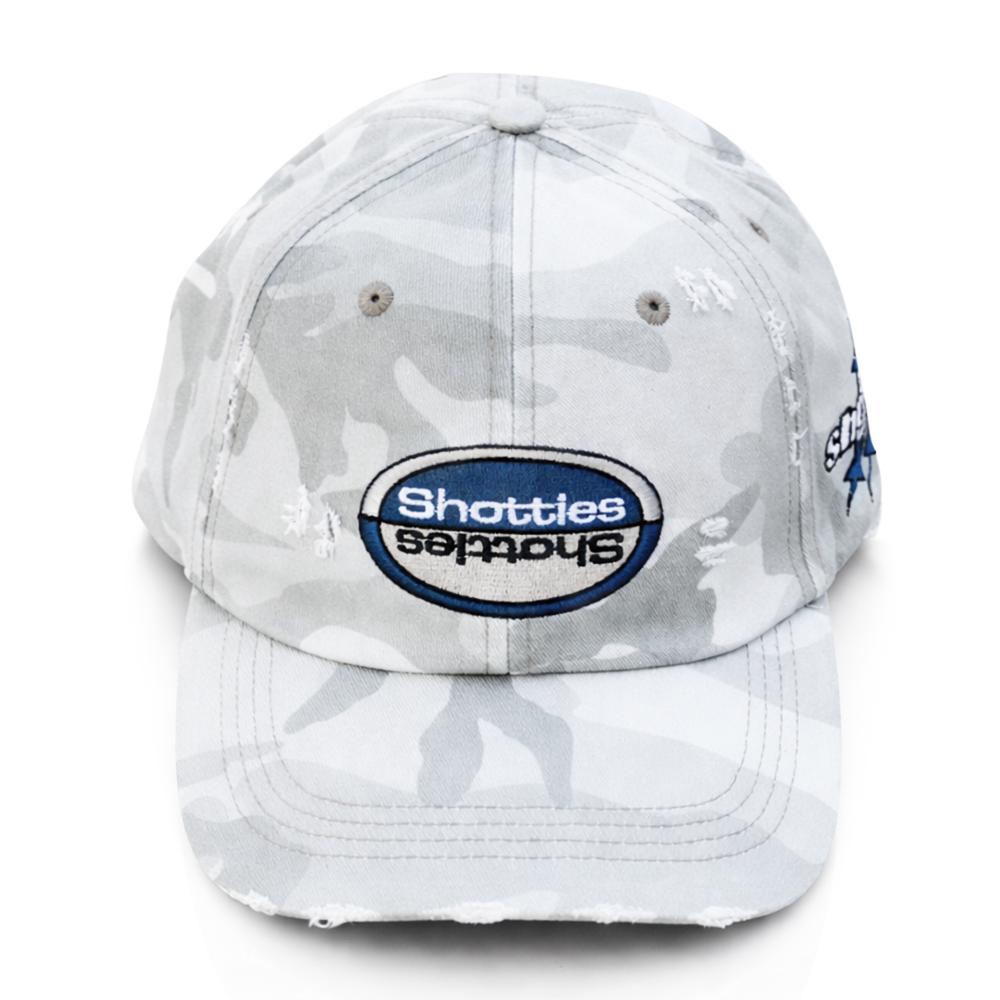 BW - Camo Shotties Hat in Full front view in White camouflage cap with Shotties logo on a white background