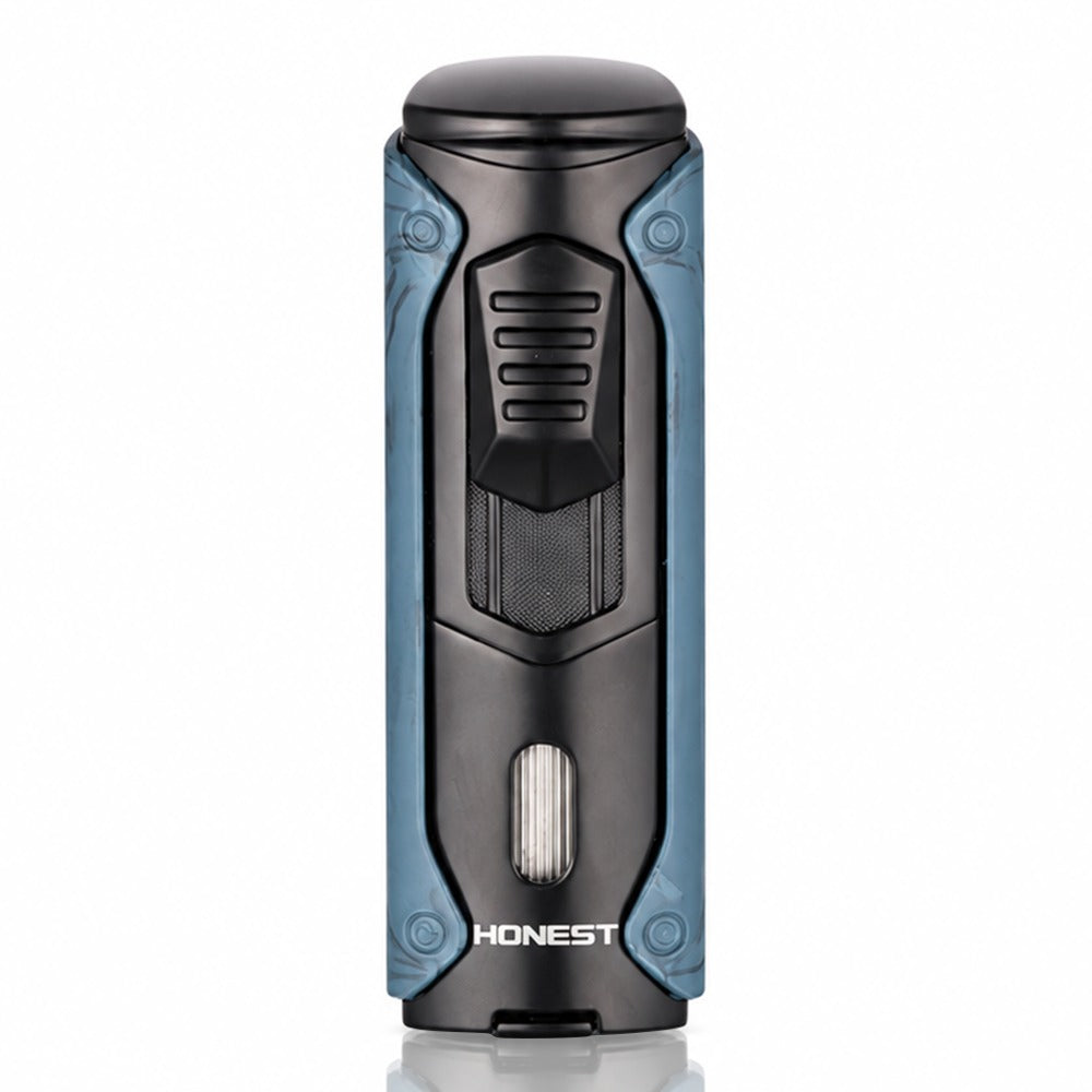 Front view of blue quad jet torch lighter showing the butane fuel level window | Bong Warehouse