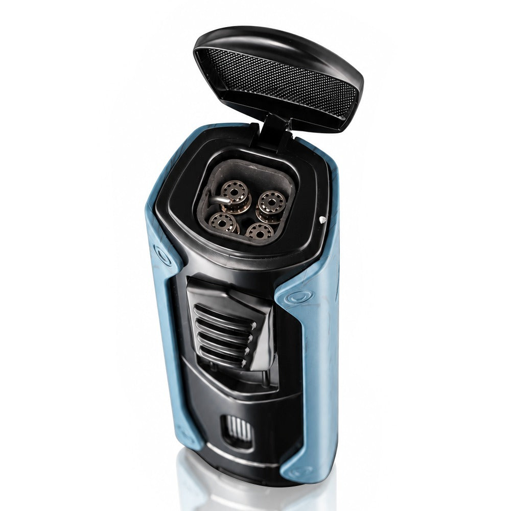 Close-up of the four windproof jets on a blue quad jet torch lighter | Bong Warehouse