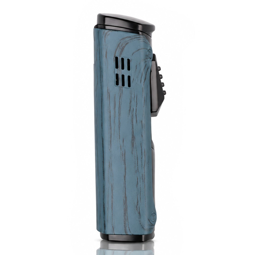 Side vent detail on a blue wood-grain refillable butane torch lighter | Bong Warehouse