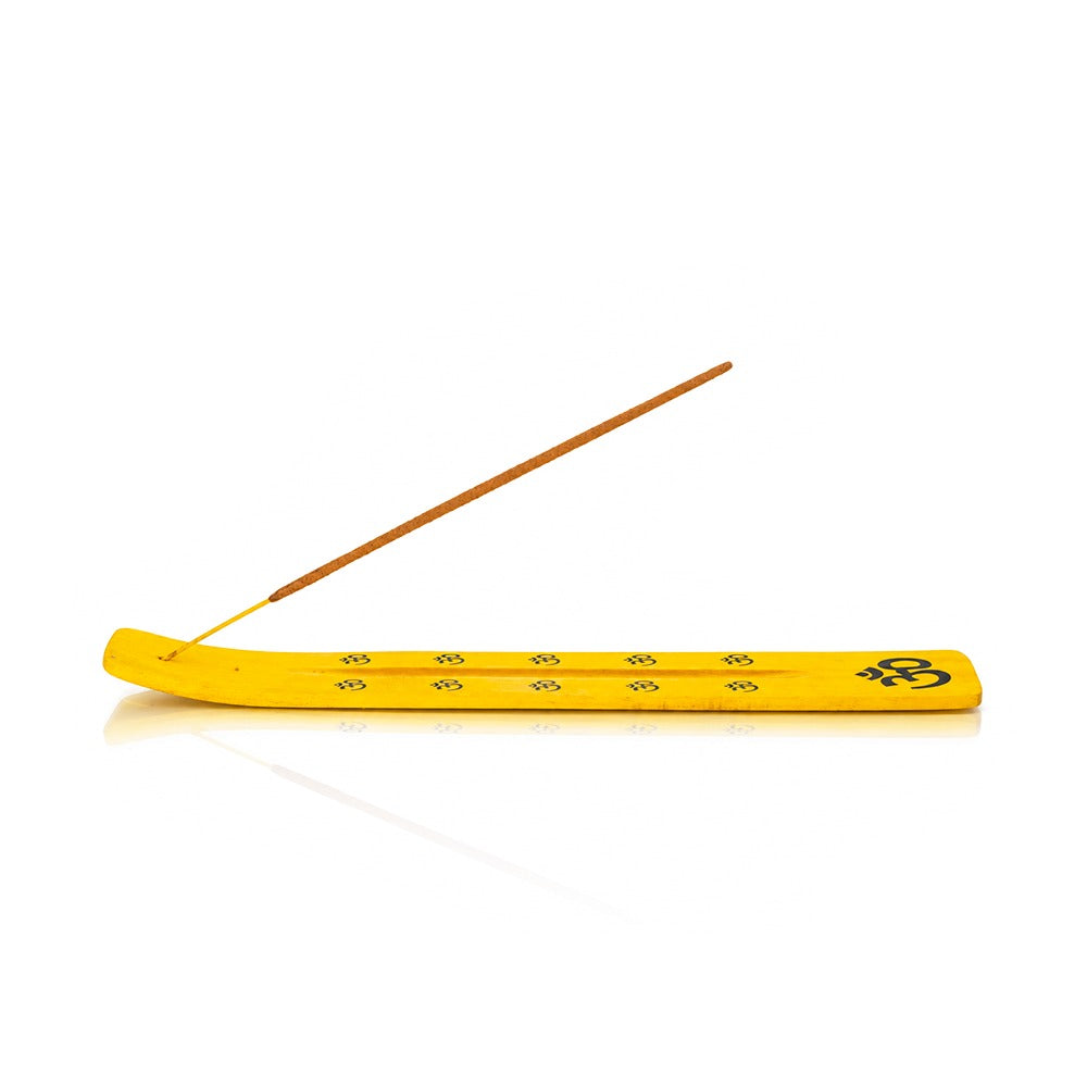 Yellow Om wooden incense stick holder 10 inch, side view showing the angled stick rest | Bong Warehouse