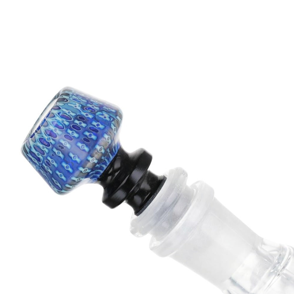 Side view of BW Azure Glass Cone Piece 14mm Male Bowl in Blue and Black on white background, showcasing sleek dual-tone glass finish