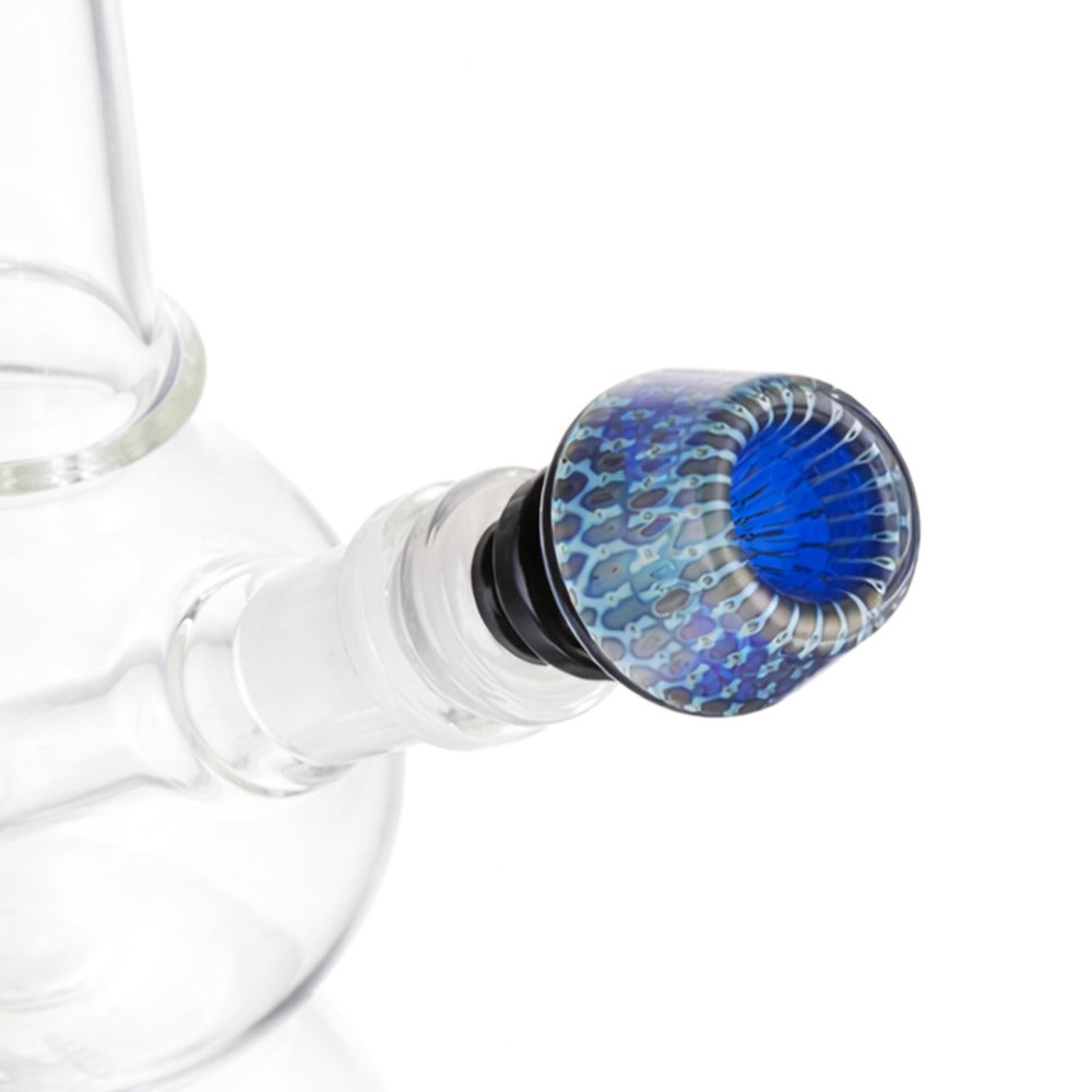 Angled view of BW Azure Glass Cone Piece 14mm Male Bowl in Blue and Black on white background, displaying vibrant color contrast