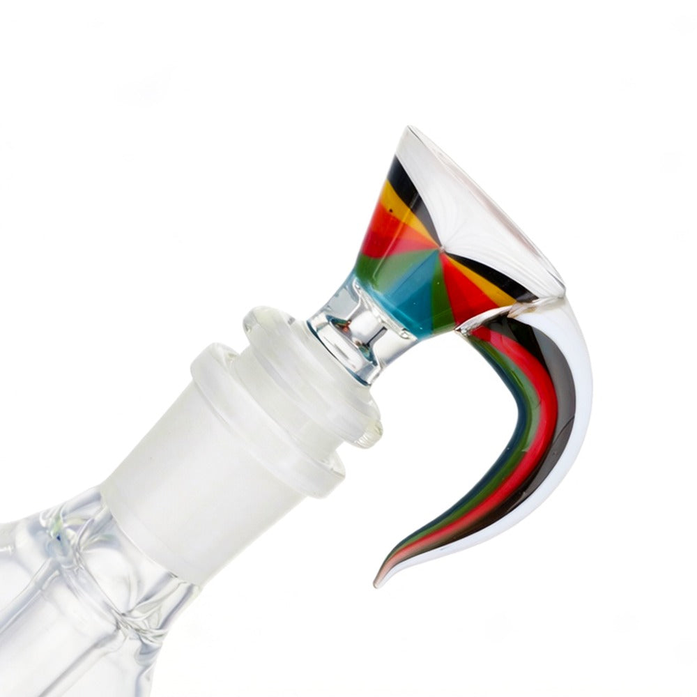 Close-up Angle view of BW Barb Glass Cone Piece 14mm Male Bowl on white background, emphasizing fine glass texture and clarity