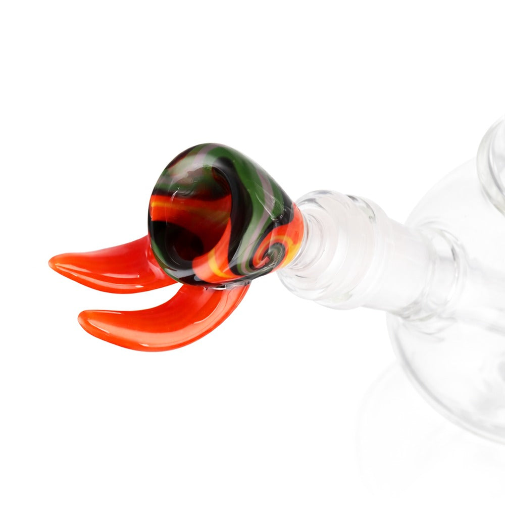 Perspective view of BW Crimson Horn Glass Cone Piece 14mm Male Bowl in Orange on white background, highlighting premium glass shape