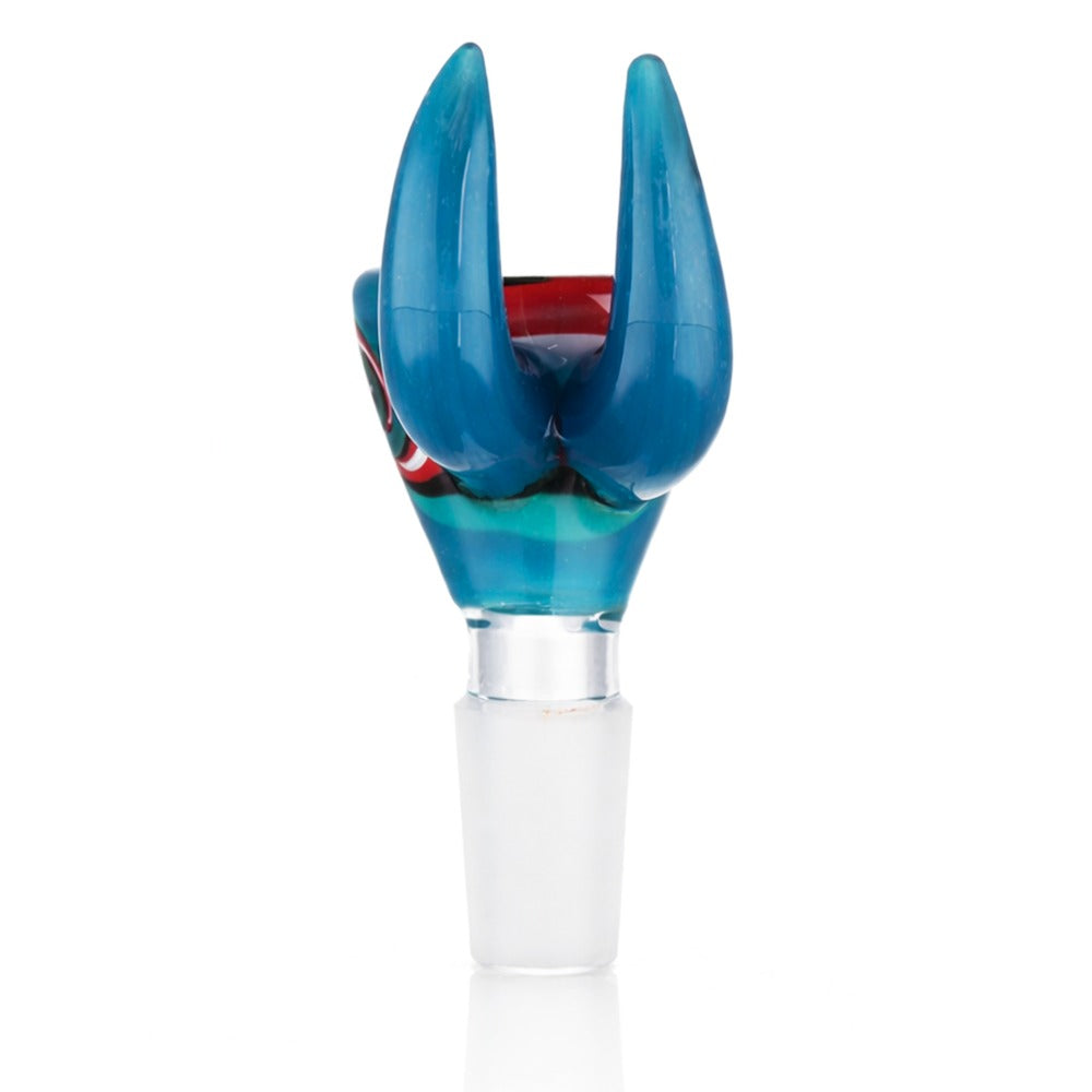 Back view of BW Crimson Horn Glass Cone Piece 14mm Male Bowl in Blue on white background, clean studio product shot
