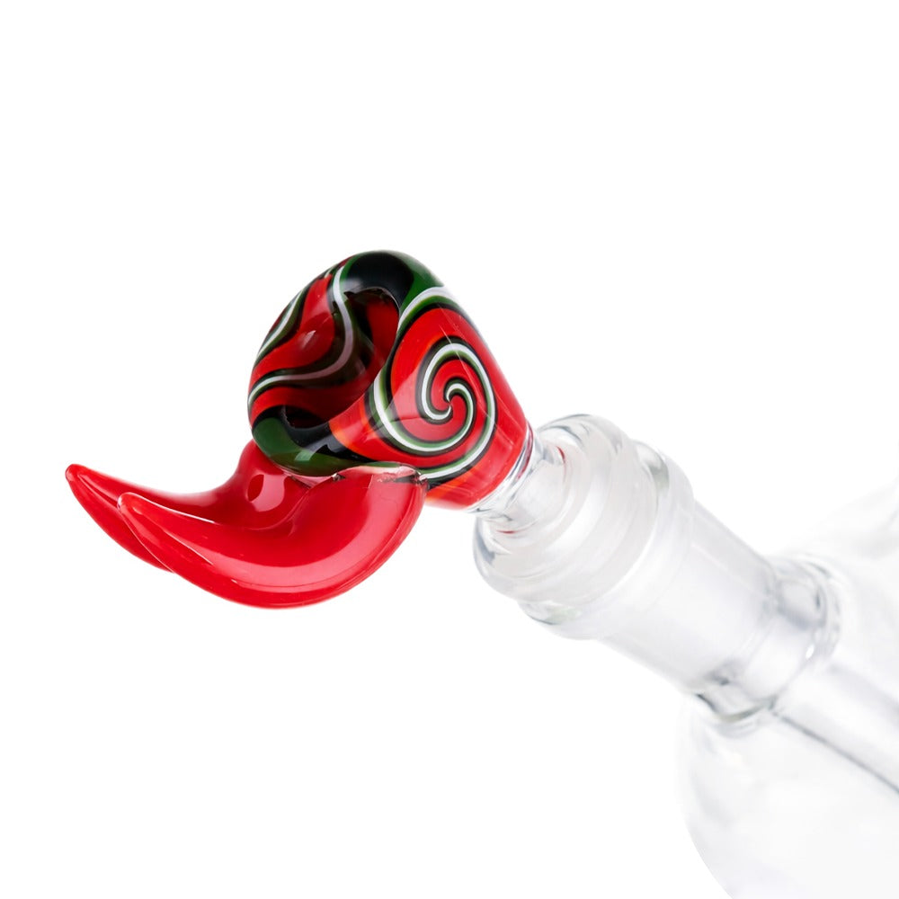Angled view of BW Crimson Horn Glass Cone Piece 14mm Male Bowl in Red on white background, displaying vibrant red glass finish
