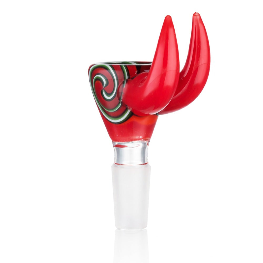 Side view of BW Crimson Horn Glass Cone Piece 14mm Male Bowl in Red on white background, showcasing horn-inspired glass shape