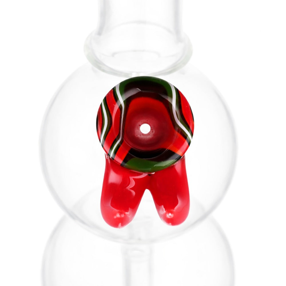 Top view of BW Crimson Horn Glass Cone Piece 14mm Male Bowl in Red on white background, highlighting bowl opening detail