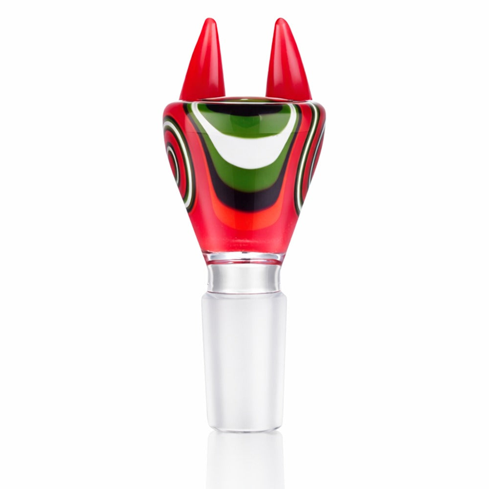 Front view of BW Crimson Horn Glass Cone Piece 14mm Male Bowl in Red on white background, smooth durable glass design