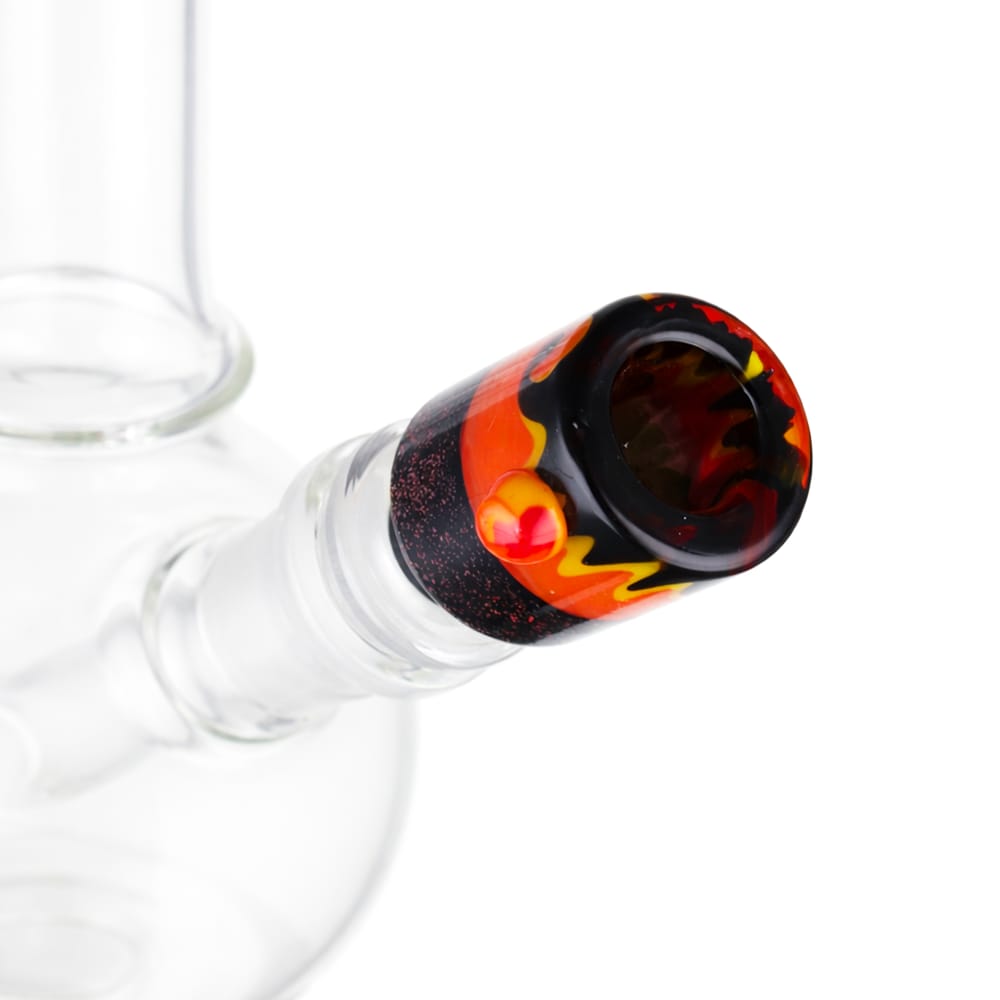 Angled view of BW Galaxy Vortex Glass Cone Piece 14mm Male Bowl in Orange and Black on white background, displaying vibrant contrast glass finish