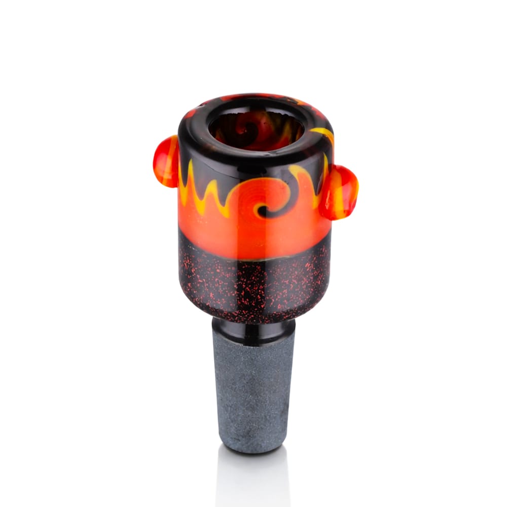 Back view of BW Galaxy Vortex Glass Cone Piece 14mm Male Bowl in Orange and Black on white background, clean studio product shot
