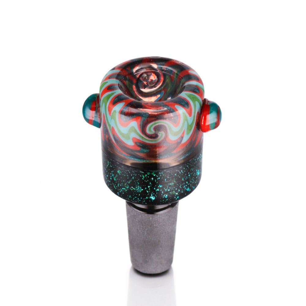 Top view of BW Galaxy Vortex Glass Cone Piece 14mm Male Bowl in Red and Teal on white background, highlighting bowl opening detail