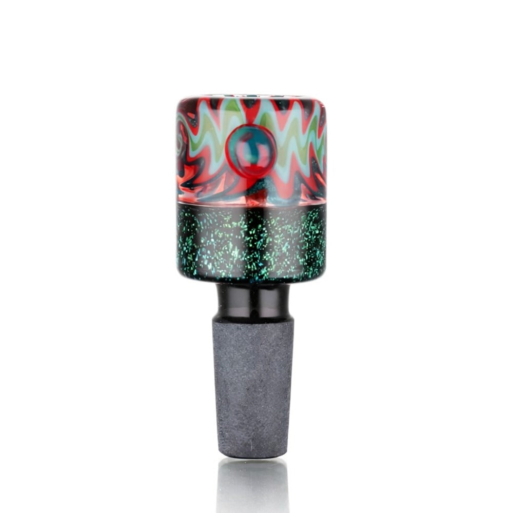 Side view of BW Galaxy Vortex Glass Cone Piece 14mm Male Bowl in Red and Teal on white background, showing smooth glass finish