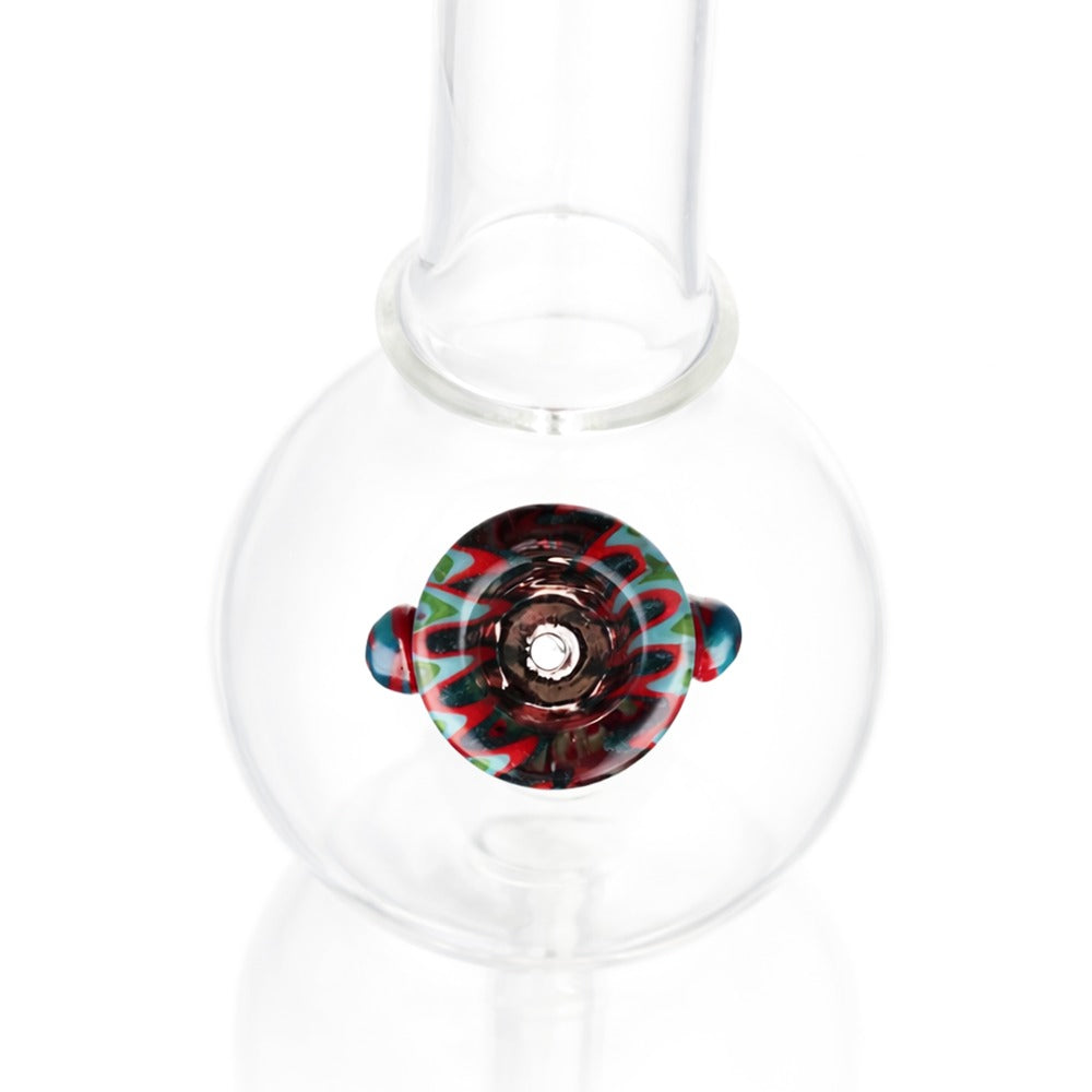Close-up view of BW Galaxy Vortex Glass Cone Piece 14mm Male Bowl in Red and Teal on white background, clean studio product shot