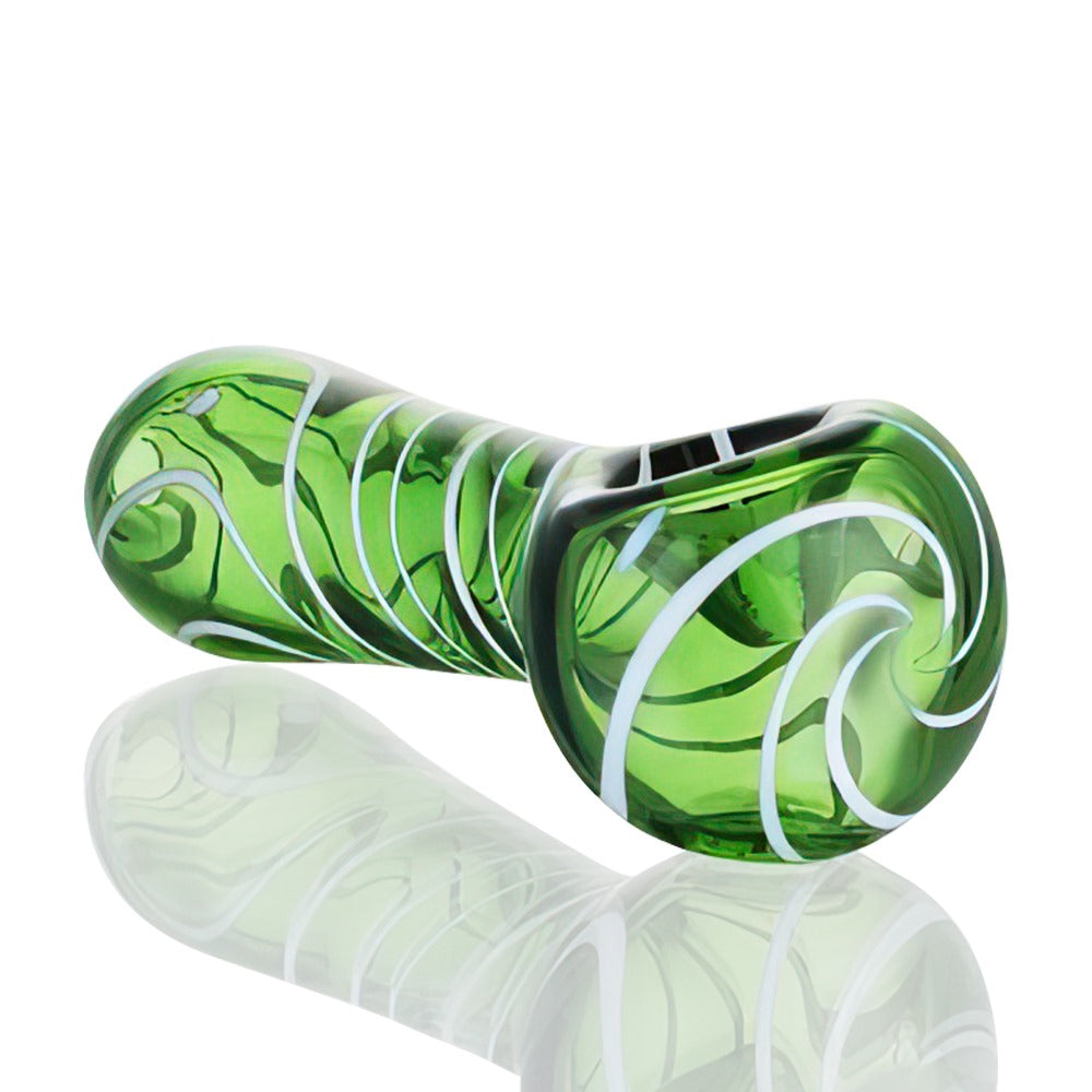 Bong Warehouse Green glass smoking pipe with white swirl patterns on a white background