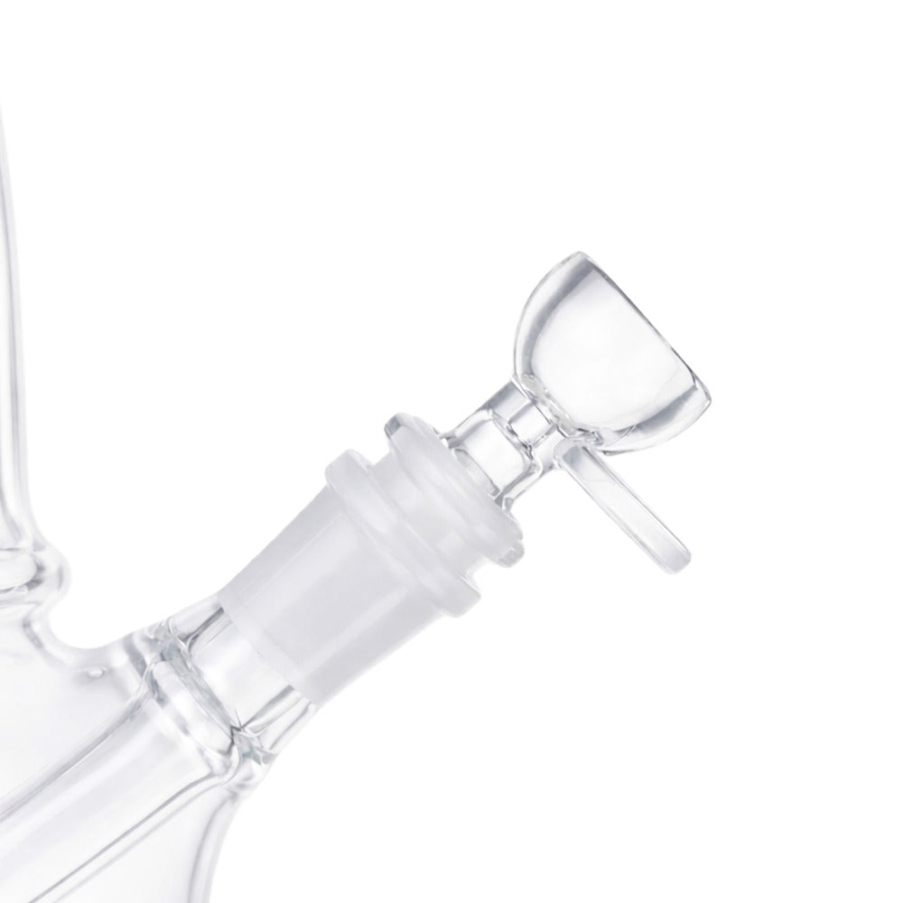 Angled view of BW Glazier Glass Cone Piece 14mm Male Bowl on white background, displaying premium transparent glass craftsmanship