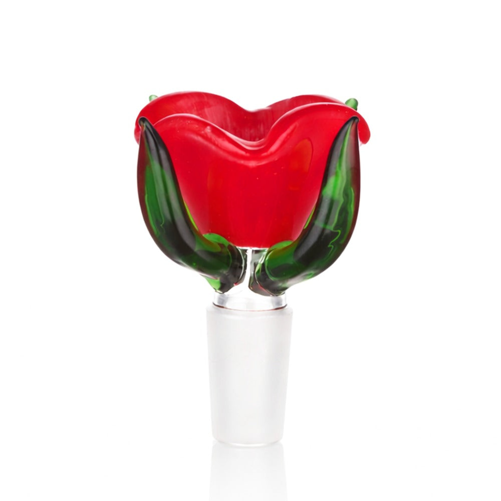 Side view of Premium BW Lotus Glass Cone Piece 14mm Male Bowl in Rose, studio shot on white background for detail