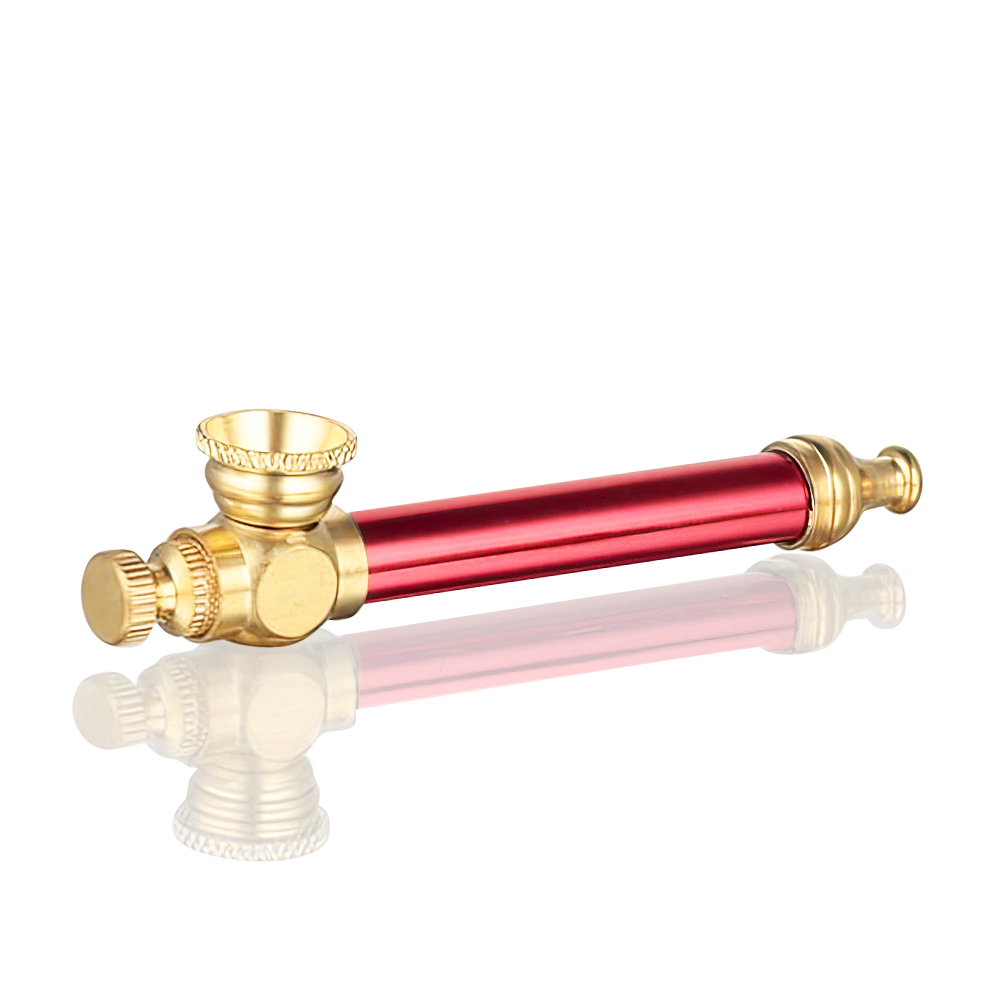 BW - Metal Peace Pipe 8.5cm Medium - Red and gold valve handle on a white background