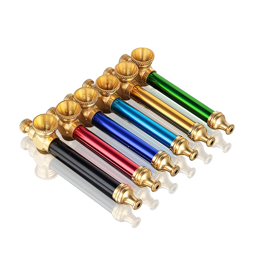 Set of colorful metal pipes with gold accents on a white background