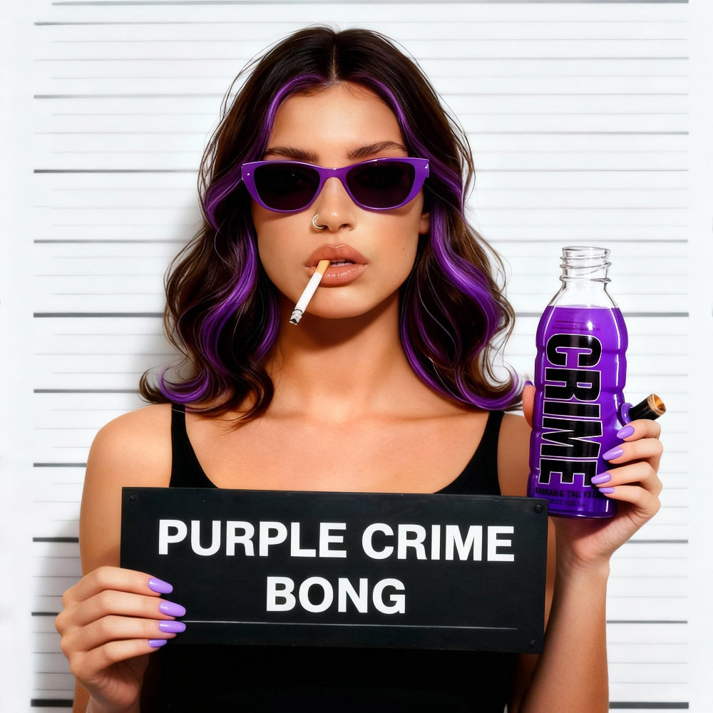 bong warehouse woman holding Mini Bottle 17.5cm Glass Bong - Crime Purple