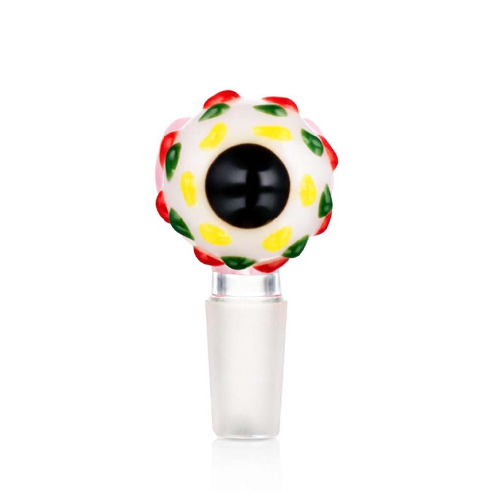 Front view of BW Mirage Glass Cone Piece 14mm Male Bowl in Eyeball design on white background, durable and detailed glass craftsmanship