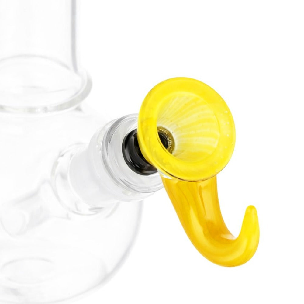 Side view of BW Nova Peak Glass Cone Piece 14mm Male Bowl in Yellow on white background, showcasing sharp peak-inspired glass shape