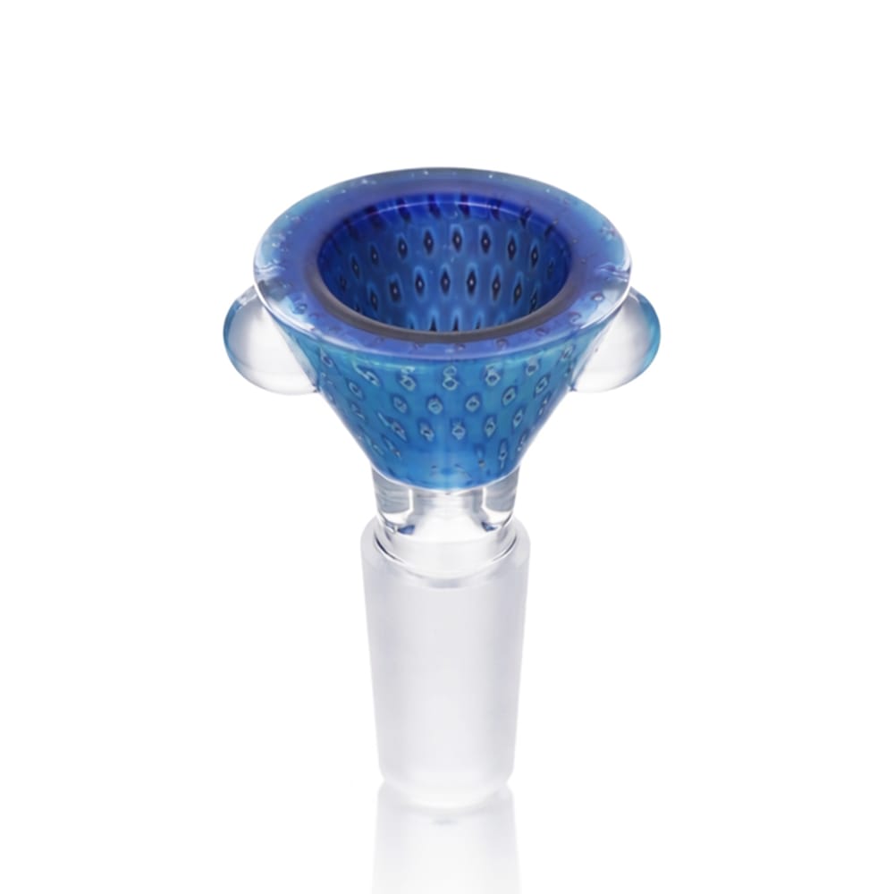 Top Back view of BW Pebble Glass Cone Piece 14mm Male Bowl in Blue Dots on white background, clean studio product shot