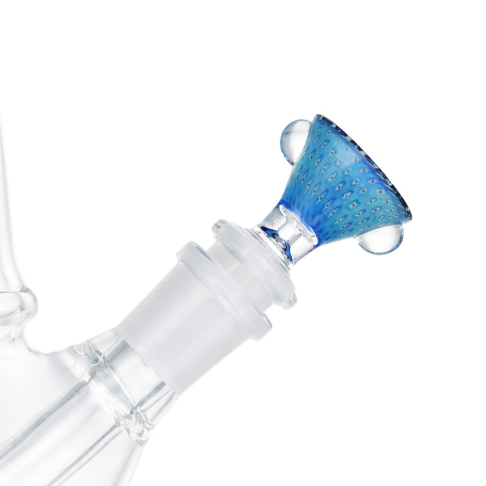 Side view of BW Pebble Glass Cone Piece 14mm Male Bowl in Blue Dots on white background, showcasing rounded pebble-style glass shape