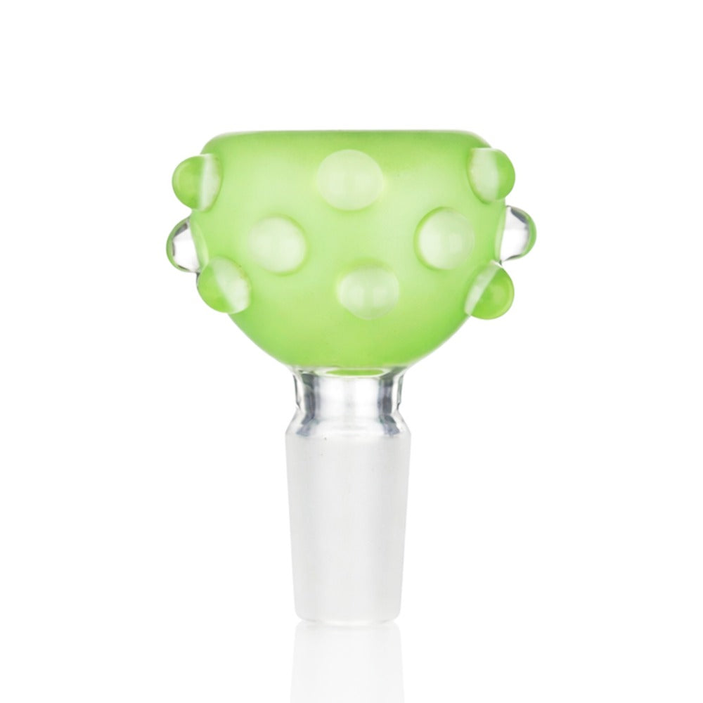 Front view of BW Phantom Glass Cone Piece 14mm Male Bowl in Green on white background, smooth durable glass design with phantom-inspired detail