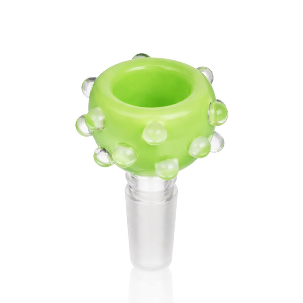 Side view of BW Phantom Glass Cone Piece 14mm Male Bowl in Green on white background, showcasing sleek ghost-like glass shape