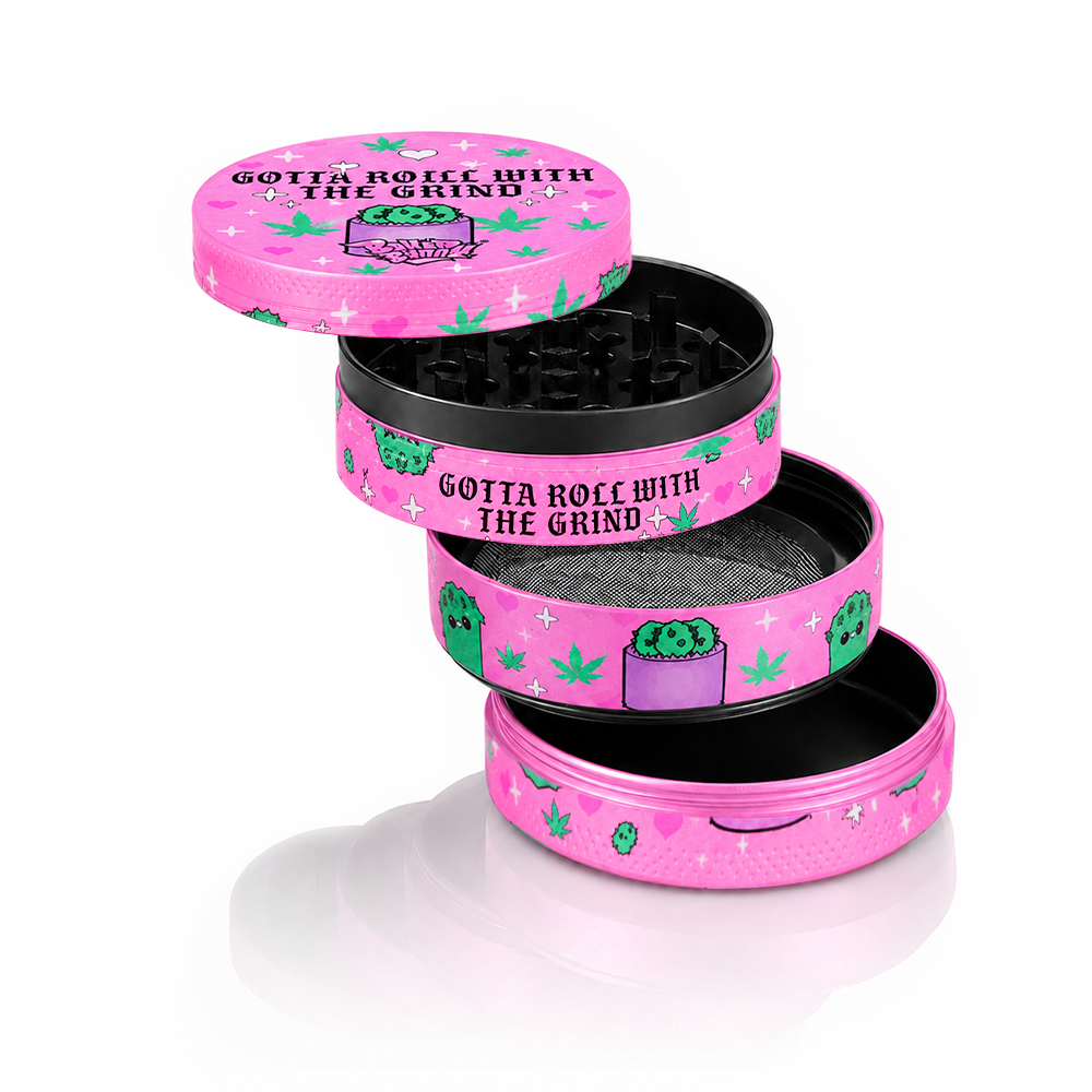 Exploded view of pink Gotta Roll With The Grind metal herb grinder – three layers apart, festive cannabis leaf, holiday gift for stoners, sparkly pink Cannabis smoking kit