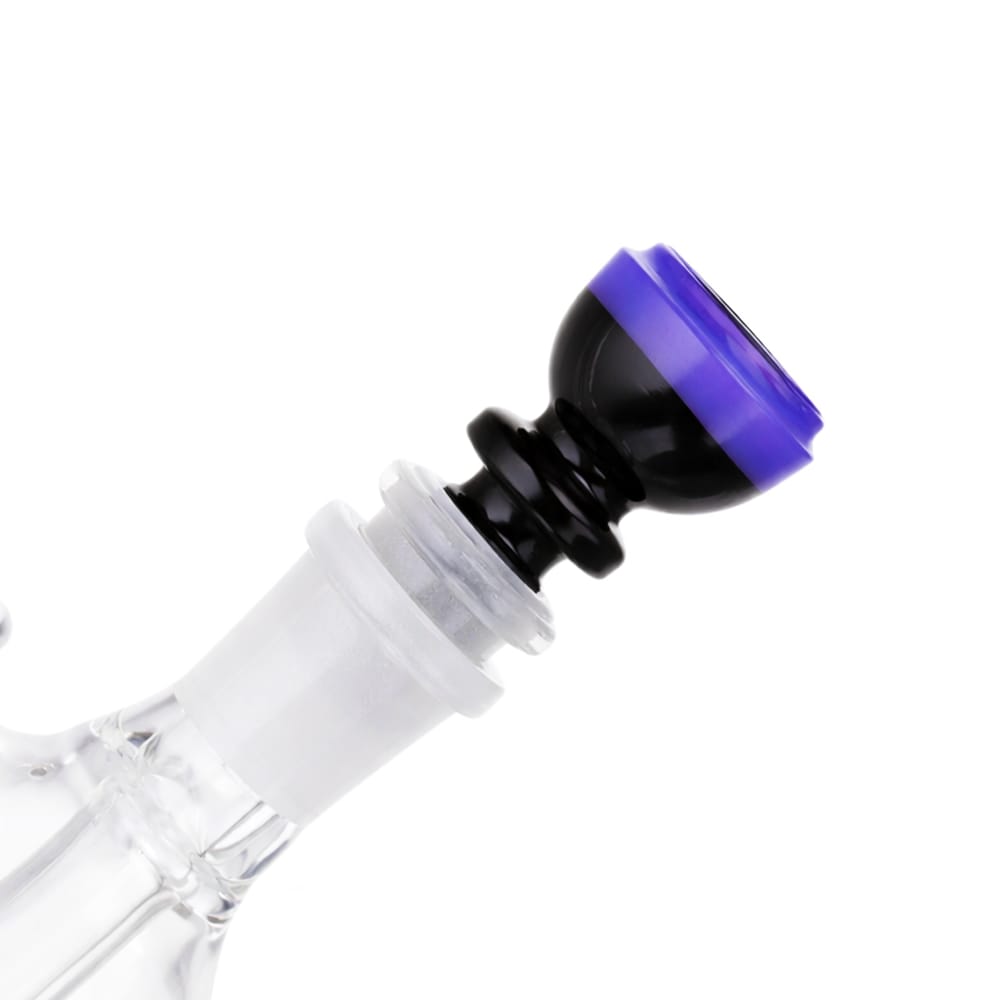 Side view of BW Prism Orb Glass Cone Piece 14mm Male Bowl in Purple on white background, showcasing rounded orb-style glass shape