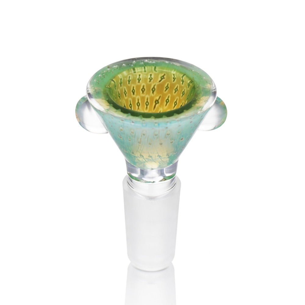 Back view of BW Pulse Glass Cone Piece 14mm Male Bowl in Green on white background, clean studio product shot