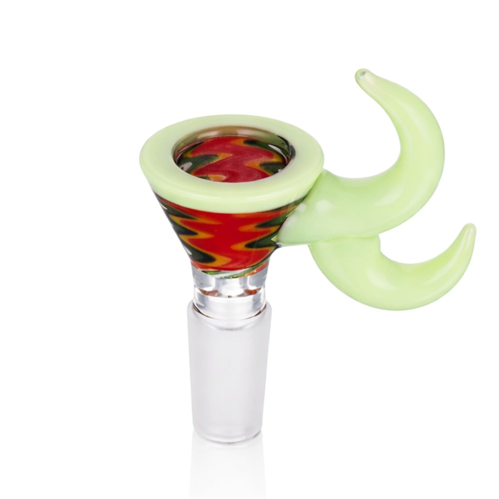Side view of BW Quantum Glass Cone Piece 14mm Male Bowl in Green and Red on white background, showcasing sleek quantum-inspired shape