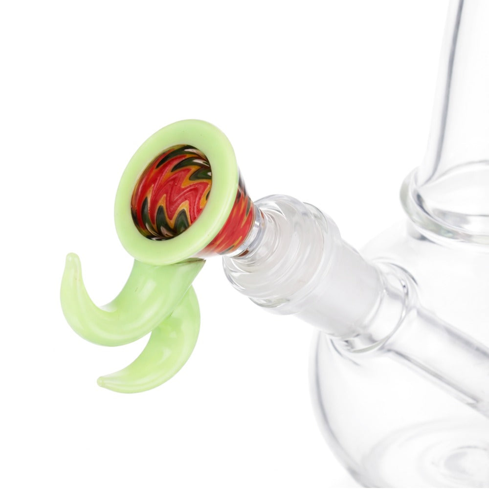 Back view of BW Quantum Glass Cone Piece 14mm Male Bowl in Green and Red on white background, clean studio product shot