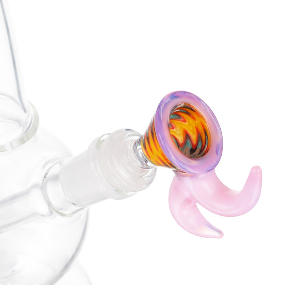 Angled Back view of BW Quantum Glass Cone Piece 14mm Male Bowl in Pink on white background, clean studio product shot