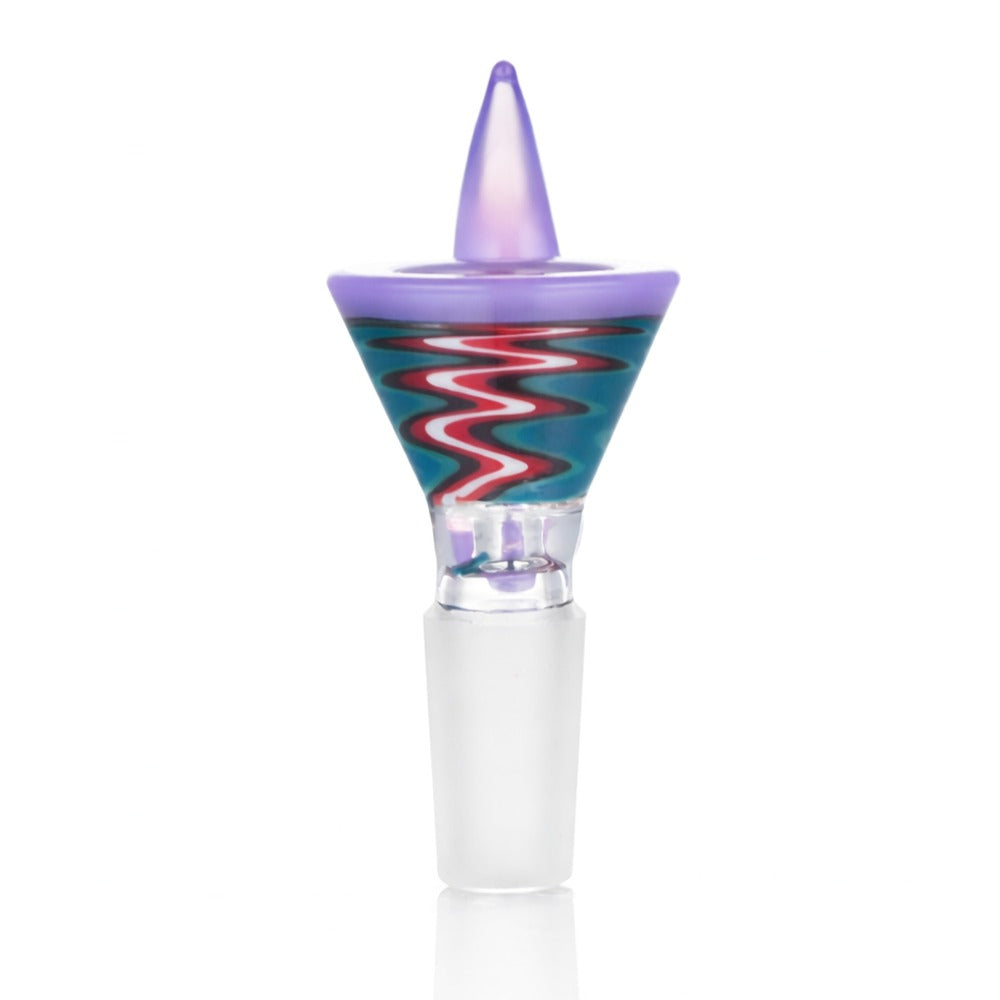 Front view of BW Quantum Glass Cone Piece 14mm Male Bowl in Purple on white background, smooth durable glass design