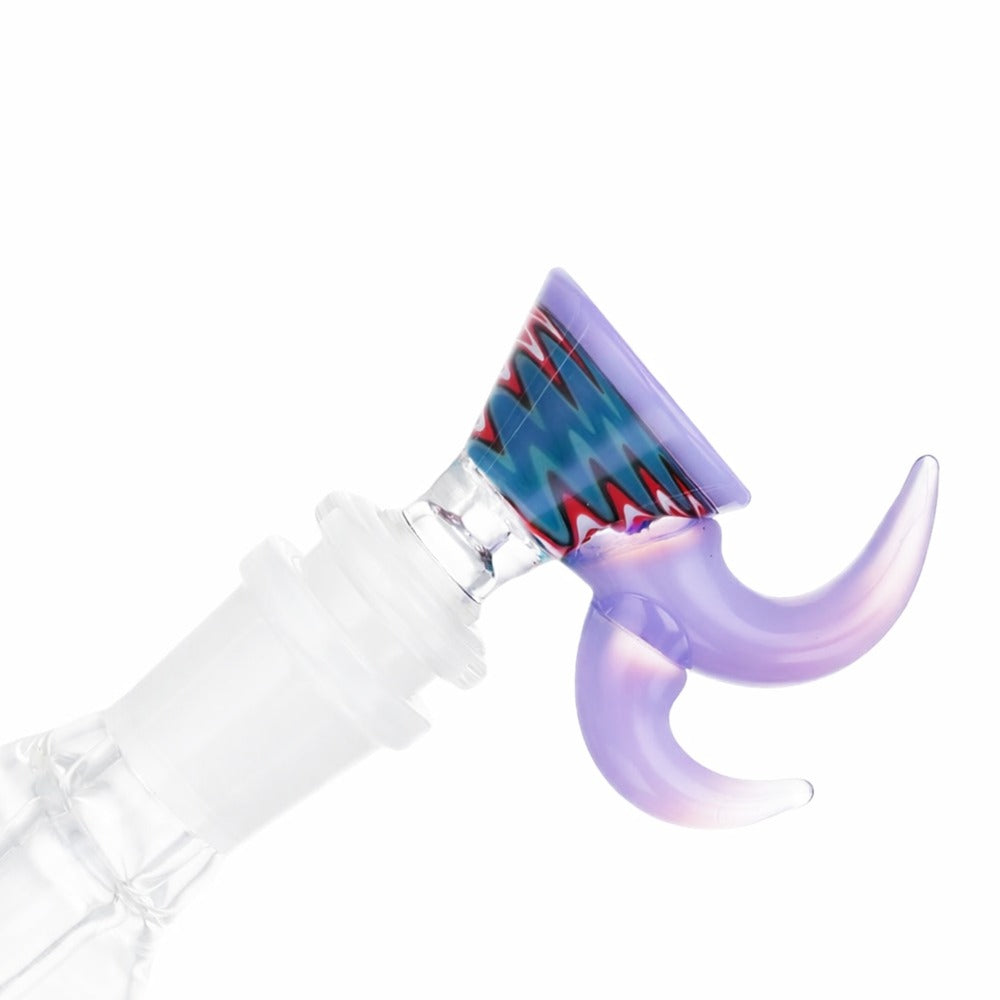 Angled view of BW Quantum Glass Cone Piece 14mm Male Bowl in Purple on white background, displaying vibrant purple glass finish