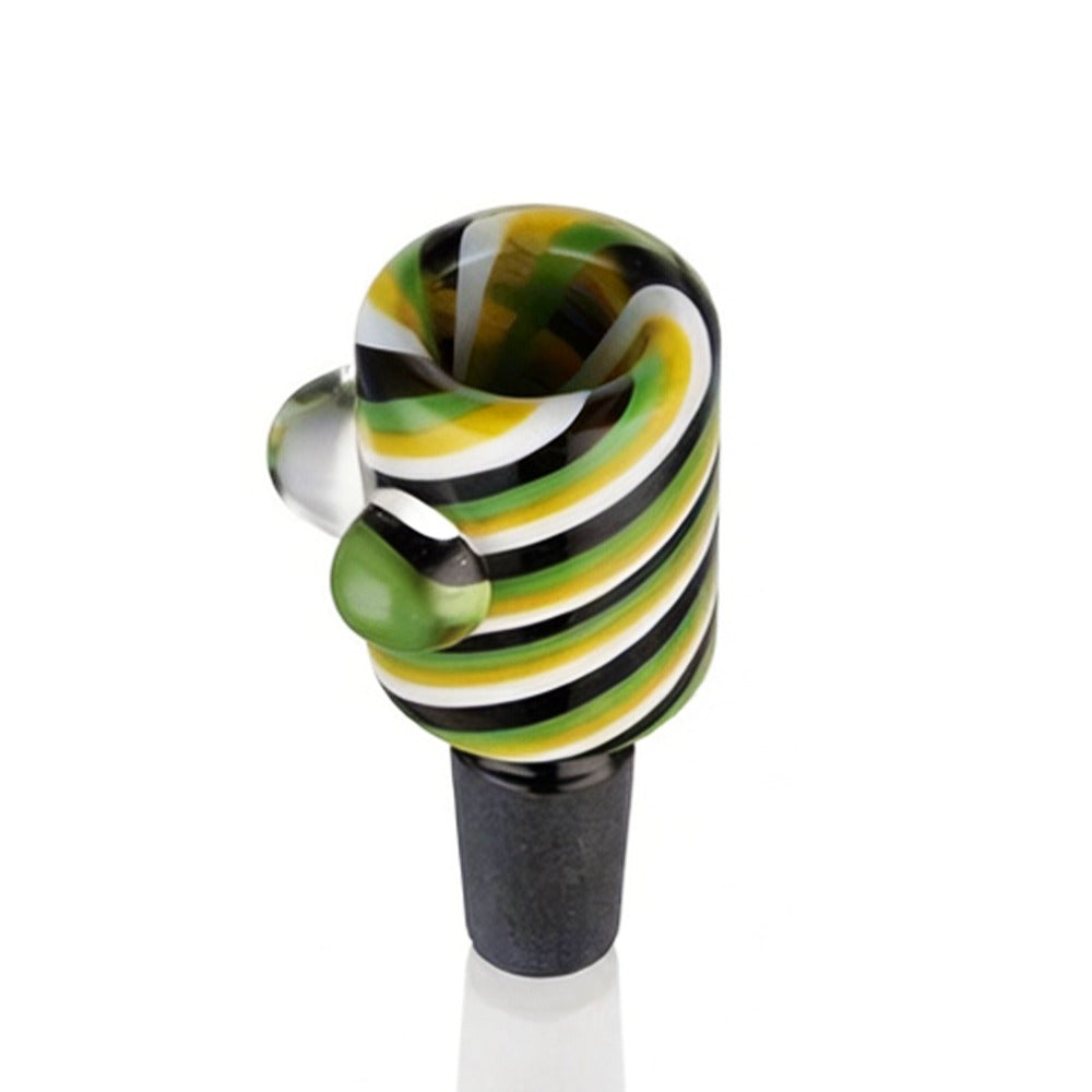 Side view of BW Spike Glass Cone Piece 14mm Male Bowl in Green on white background, showcasing sharp spike-style glass shape