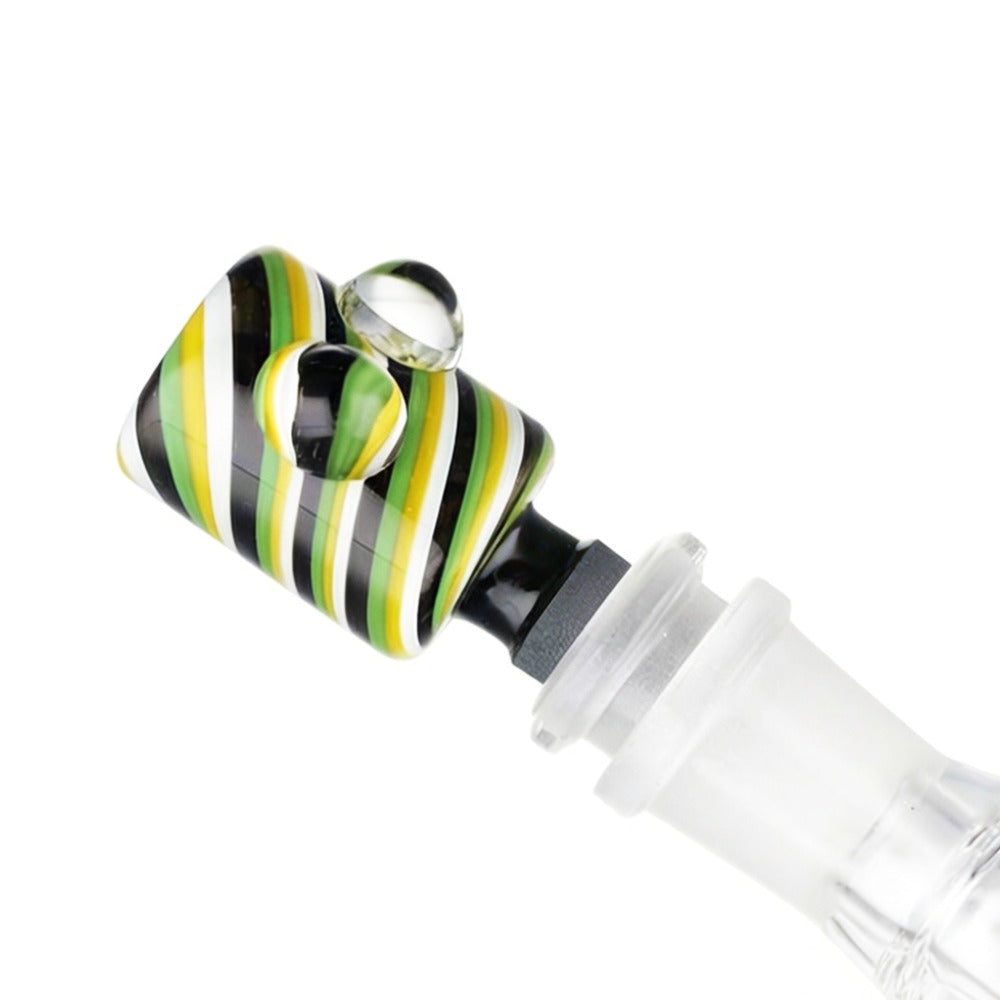 Angled view of BW Spike Glass Cone Piece 14mm Male Bowl in Green on white background, displaying vibrant green glass finish